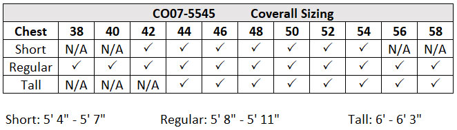 CO07-5545 Coverall Size Chart