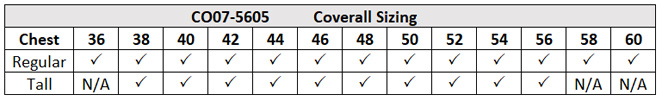 CO07-5605 Coverall Size Chart