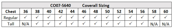 CO07-5640 Coverall Size Chart