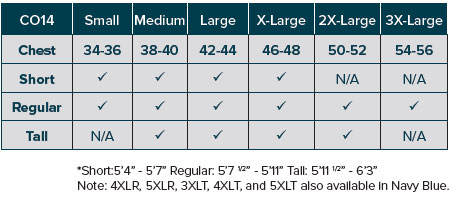 CO14-1105 Coverall Size Chart