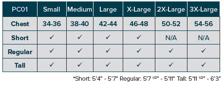 PC01-1805 Suit Size Chart