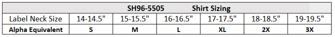 SH96-5505 Shirt Size Chart