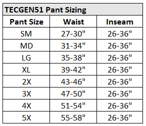 TecGen51 Pant Sizing